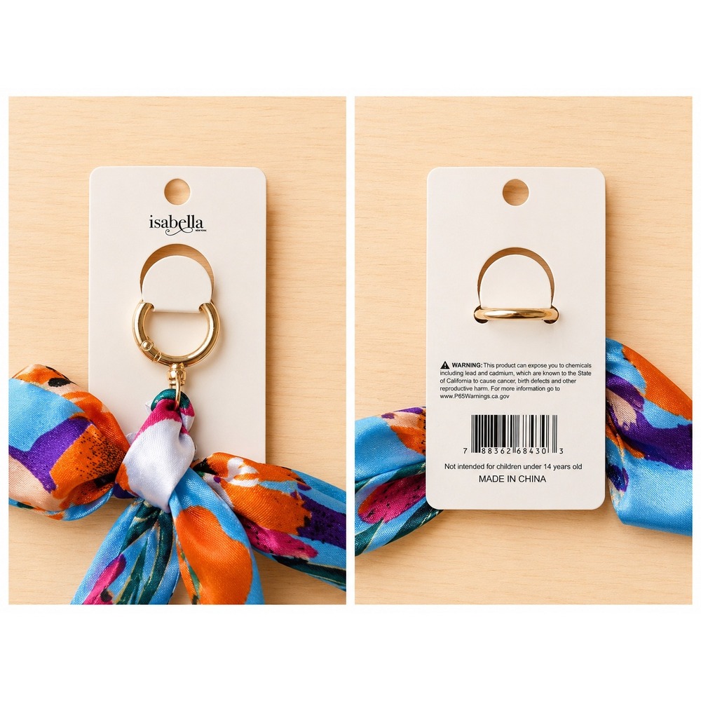 Floral Scarf Keychain Purse Charm Bag Accessory Blue Orange Gold Tone - Picture 3 of 4